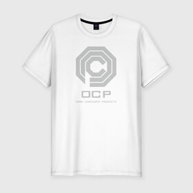 Мужская футболка премиум с принтом OCP в Санкт-Петербурге, 92% хлопок, 8% лайкра | приталенный силуэт, круглый вырез ворота, длина до линии бедра, короткий рукав | omni consumer products | алекс мёрфи | робокоп. детройт