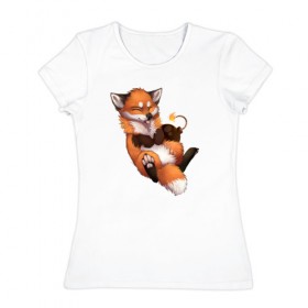Женская футболка хлопок с принтом Хитрый лис в Санкт-Петербурге, 100% хлопок | прямой крой, круглый вырез горловины, длина до линии бедер, слегка спущенное плечо | лис | лиса | лисенок | песец | рыжая лисица | рыжий лис