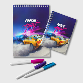 Блокнот с принтом NEED FOR SPEED - HEAT (2019) в Санкт-Петербурге, 100% бумага | 48 листов, плотность листов — 60 г/м2, плотность картонной обложки — 250 г/м2. Листы скреплены удобной пружинной спиралью. Цвет линий — светло-серый
 | Тематика изображения на принте: 2019 | auto | for | game | games | heat | logo | need | neon | nfs | racing | speed | symbol | tuning | авто | гонки | жажда | жара | игра | игры | лого | логотип | неон | нфс | символ | скорости | тепло | тюнинг | хеат | хит | хот