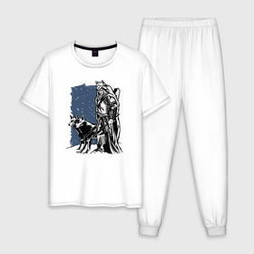 Мужская пижама хлопок с принтом Викинг и Волки в Санкт-Петербурге, 100% хлопок | брюки и футболка прямого кроя, без карманов, на брюках мягкая резинка на поясе и по низу штанин
 | viking | wolf | wolves | викинг | волк