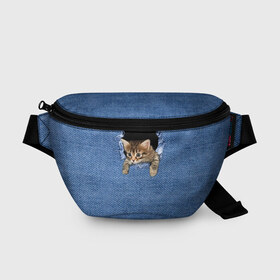 Поясная сумка 3D с принтом Котёнок в рюкзаке в Санкт-Петербурге, 100% полиэстер | плотная ткань, ремень с регулируемой длиной, внутри несколько карманов для мелочей, основное отделение и карман с обратной стороны сумки застегиваются на молнию | cat | jeans | kitten | джинса | джинсовка | дыра | дырка | кот | котёнок | кошка