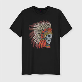 Мужская футболка хлопок Slim с принтом Череп Индеец в Санкт-Петербурге, 92% хлопок, 8% лайкра | приталенный силуэт, круглый вырез ворота, длина до линии бедра, короткий рукав | indians | skull | индеец | индейцы | череп | черепа