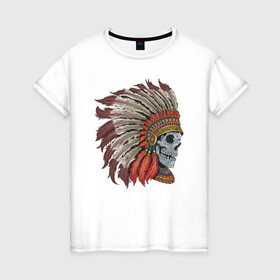 Женская футболка хлопок с принтом Череп Индеец в Санкт-Петербурге, 100% хлопок | прямой крой, круглый вырез горловины, длина до линии бедер, слегка спущенное плечо | indians | skull | индеец | индейцы | череп | черепа