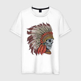Мужская футболка хлопок с принтом Череп Индеец в Санкт-Петербурге, 100% хлопок | прямой крой, круглый вырез горловины, длина до линии бедер, слегка спущенное плечо. | indians | skull | индеец | индейцы | череп | черепа