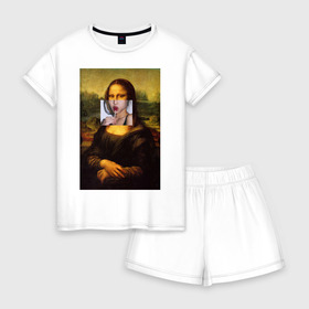 Женская пижама с шортиками хлопок с принтом Мона лиза в Санкт-Петербурге, 100% хлопок | футболка прямого кроя, шорты свободные с широкой мягкой резинкой | mona lisa | леонардо винчи | мона лиза | мона лиза картина | мона лиза леонардо | мона лиза одежда