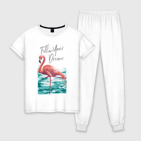 Женская пижама хлопок с принтом Фламинго в Санкт-Петербурге, 100% хлопок | брюки и футболка прямого кроя, без карманов, на брюках мягкая резинка на поясе и по низу штанин | flamingo | summer | летние | лето | ретро | фламинго