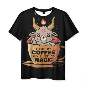 Мужская футболка 3D с принтом How I Like My Coffee в Санкт-Петербурге, 100% полиэфир | прямой крой, круглый вырез горловины, длина до линии бедер | coffee | diy | espresso | how | like | lol | my | как | кофе | лол | мой | монстрик | рога | сделай сам | сказка | эспрессо