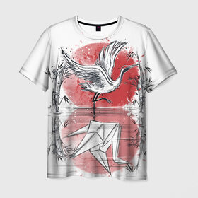 Мужская футболка 3D с принтом Японская мечта в Санкт-Петербурге, 100% полиэфир | прямой крой, круглый вырез горловины, длина до линии бедер | bird | crane | japan | sakura | tradition | travel | журавль | птица | путешествие | сакура | традиция | япония
