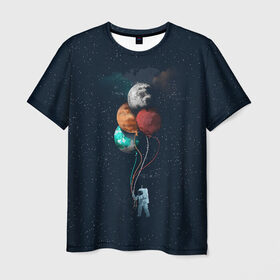 Мужская футболка 3D с принтом Космонавт с Планетами в Санкт-Петербурге, 100% полиэфир | прямой крой, круглый вырез горловины, длина до линии бедер | astronaut | cosmonaut | nasa | planet | stars | астронавт | в космосе | галактика | космонавт | космос | планеты | с шариками | шарики