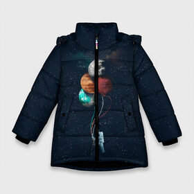Зимняя куртка для девочек 3D с принтом Космонавт с Планетами в Санкт-Петербурге, ткань верха — 100% полиэстер; подклад — 100% полиэстер, утеплитель — 100% полиэстер. | длина ниже бедра, удлиненная спинка, воротник стойка и отстегивающийся капюшон. Есть боковые карманы с листочкой на кнопках, утяжки по низу изделия и внутренний карман на молнии. 

Предусмотрены светоотражающий принт на спинке, радужный светоотражающий элемент на пуллере молнии и на резинке для утяжки. | astronaut | cosmonaut | nasa | planet | stars | астронавт | в космосе | галактика | космонавт | космос | планеты | с шариками | шарики