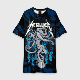 Детское платье 3D с принтом Metallica в Санкт-Петербурге, 100% полиэстер | прямой силуэт, чуть расширенный к низу. Круглая горловина, на рукавах — воланы | american | blue | demon | devil | flame | hell | metal band | metallica | music | rock | американская | голубое | демон | дьявол | метал группа | металлика | музыка | пламя | рок | черт