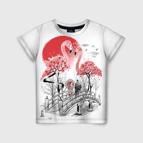 Детская футболка 3D с принтом Сад Фламинго в Санкт-Петербурге, 100% гипоаллергенный полиэфир | прямой крой, круглый вырез горловины, длина до линии бедер, чуть спущенное плечо, ткань немного тянется | bridge | flamingo | garden | geisha | japan | pink | sakura | samurai | tradition | мост | розовый | сад | сакура | самурай | традиция | фламинго | япония