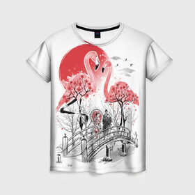 Женская футболка 3D с принтом Сад Фламинго в Санкт-Петербурге, 100% полиэфир ( синтетическое хлопкоподобное полотно) | прямой крой, круглый вырез горловины, длина до линии бедер | bridge | flamingo | garden | geisha | japan | pink | sakura | samurai | tradition | мост | розовый | сад | сакура | самурай | традиция | фламинго | япония