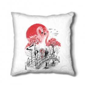 Подушка 3D с принтом Сад Фламинго в Санкт-Петербурге, наволочка – 100% полиэстер, наполнитель – холлофайбер (легкий наполнитель, не вызывает аллергию). | состоит из подушки и наволочки. Наволочка на молнии, легко снимается для стирки | Тематика изображения на принте: bridge | flamingo | garden | geisha | japan | pink | sakura | samurai | tradition | мост | розовый | сад | сакура | самурай | традиция | фламинго | япония