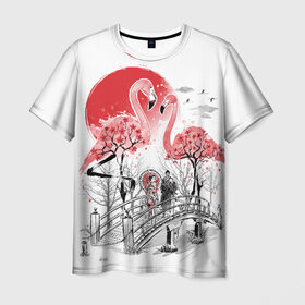 Мужская футболка 3D с принтом Сад Фламинго в Санкт-Петербурге, 100% полиэфир | прямой крой, круглый вырез горловины, длина до линии бедер | Тематика изображения на принте: bridge | flamingo | garden | geisha | japan | pink | sakura | samurai | tradition | мост | розовый | сад | сакура | самурай | традиция | фламинго | япония
