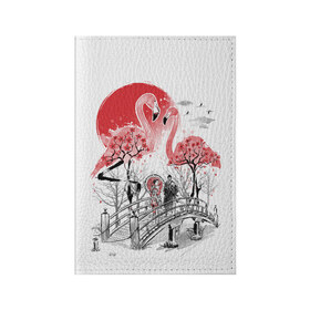 Обложка для паспорта матовая кожа с принтом Сад Фламинго в Санкт-Петербурге, натуральная матовая кожа | размер 19,3 х 13,7 см; прозрачные пластиковые крепления | Тематика изображения на принте: bridge | flamingo | garden | geisha | japan | pink | sakura | samurai | tradition | мост | розовый | сад | сакура | самурай | традиция | фламинго | япония