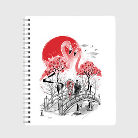 Тетрадь с принтом Сад Фламинго в Санкт-Петербурге, 100% бумага | 48 листов, плотность листов — 60 г/м2, плотность картонной обложки — 250 г/м2. Листы скреплены сбоку удобной пружинной спиралью. Уголки страниц и обложки скругленные. Цвет линий — светло-серый
 | Тематика изображения на принте: bridge | flamingo | garden | geisha | japan | pink | sakura | samurai | tradition | мост | розовый | сад | сакура | самурай | традиция | фламинго | япония