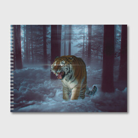 Альбом для рисования с принтом ТИГР В СУМЕРЕЧНОМ ЛЕСУ в Санкт-Петербурге, 100% бумага
 | матовая бумага, плотность 200 мг. | Тематика изображения на принте: tiger | в лесу | дикая | кошка | лес | природа | тигр | тигренок | тигрица | тигры