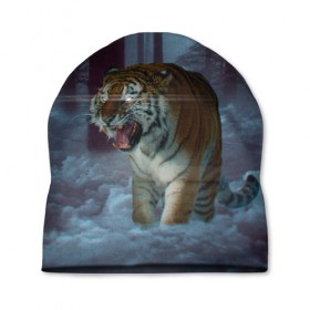Шапка 3D с принтом ТИГР В СУМЕРЕЧНОМ ЛЕСУ в Санкт-Петербурге, 100% полиэстер | универсальный размер, печать по всей поверхности изделия | Тематика изображения на принте: tiger | в лесу | дикая | кошка | лес | природа | тигр | тигренок | тигрица | тигры
