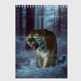 Скетчбук с принтом ТИГР В СУМЕРЕЧНОМ ЛЕСУ в Санкт-Петербурге, 100% бумага
 | 48 листов, плотность листов — 100 г/м2, плотность картонной обложки — 250 г/м2. Листы скреплены сверху удобной пружинной спиралью | tiger | в лесу | дикая | кошка | лес | природа | тигр | тигренок | тигрица | тигры