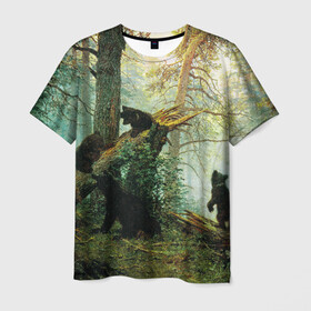 Мужская футболка 3D с принтом Утро в сосновом лесу в Санкт-Петербурге, 100% полиэфир | прямой крой, круглый вырез горловины, длина до линии бедер | Тематика изображения на принте: живопись | искусство | картина | художники | шедевры