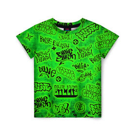 Детская футболка 3D с принтом Billie Eilish Graffiti glow в Санкт-Петербурге, 100% гипоаллергенный полиэфир | прямой крой, круглый вырез горловины, длина до линии бедер, чуть спущенное плечо, ткань немного тянется | billie | eilish | glow | graffiti | grunge | айлиш | билли | граффити | кислота | татуировки