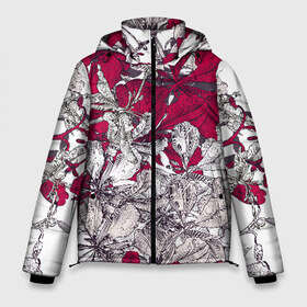 Мужская зимняя куртка 3D с принтом Red and white blooming flowers в Санкт-Петербурге, верх — 100% полиэстер; подкладка — 100% полиэстер; утеплитель — 100% полиэстер | длина ниже бедра, свободный силуэт Оверсайз. Есть воротник-стойка, отстегивающийся капюшон и ветрозащитная планка. 

Боковые карманы с листочкой на кнопках и внутренний карман на молнии. | Тематика изображения на принте: art | flowers | leaves | арт | букет | лепестки | листья | художество | цветок | цветы