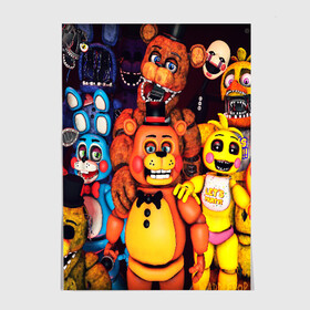 Постер с принтом FIVE NIGHTS AT FREDDYS в Санкт-Петербурге, 100% бумага
 | бумага, плотность 150 мг. Матовая, но за счет высокого коэффициента гладкости имеет небольшой блеск и дает на свету блики, но в отличии от глянцевой бумаги не покрыта лаком | 5 ночей с фредди | animation | bonnie | chica | five nights at freddys | fnaf | foxy | freddy | funny | horror | scary | бонни | майк | пять | ужас | фнаф | фокси | фредди | чика | шмидт