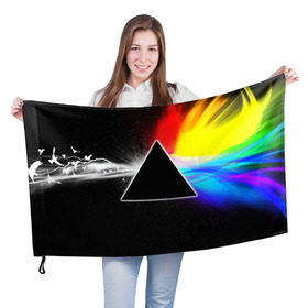 Флаг 3D с принтом PINK FLOYD в Санкт-Петербурге, 100% полиэстер | плотность ткани — 95 г/м2, размер — 67 х 109 см. Принт наносится с одной стороны | music | pink floyd | the dark side of the moon | космос | луна | музыка | пинк флойд | призма | рок | треугольник | триангулярная призма