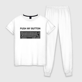Женская пижама хлопок с принтом Push my button в Санкт-Петербурге, 100% хлопок | брюки и футболка прямого кроя, без карманов, на брюках мягкая резинка на поясе и по низу штанин | button | push | push button | push my button | white push button | клавиатура | кнопки | нажми на мои кнопки