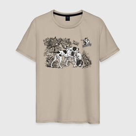 Мужская футболка хлопок с принтом Охотничьи собаки в Санкт-Петербурге, 100% хлопок | прямой крой, круглый вырез горловины, длина до линии бедер, слегка спущенное плечо. | hunt | hunter | охота | охотник | пес | рисунок | собаки | туризм | хобби