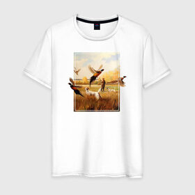 Мужская футболка хлопок с принтом Охота на фазанов в Санкт-Петербурге, 100% хлопок | прямой крой, круглый вырез горловины, длина до линии бедер, слегка спущенное плечо. | живопись | осень | охота | охотник | пес | птицы | рисунок | собака | фазаны | хобби