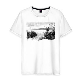 Мужская футболка хлопок с принтом Охотники на реке в Санкт-Петербурге, 100% хлопок | прямой крой, круглый вырез горловины, длина до линии бедер, слегка спущенное плечо. | hunter | гравюра | лодка | охотник | природа | птицы | река | рисунок | хобби