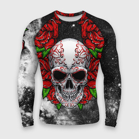 Мужской рашгард 3D с принтом Skull and Roses в Санкт-Петербурге,  |  | flowers | muertos | roses | skull | space | tribal | звезды | космос | лепестки | муэртос | розы | трайбл | цветы | череп