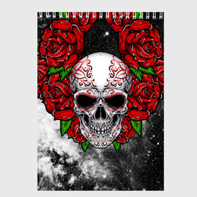 Скетчбук с принтом Skull and Roses в Санкт-Петербурге, 100% бумага
 | 48 листов, плотность листов — 100 г/м2, плотность картонной обложки — 250 г/м2. Листы скреплены сверху удобной пружинной спиралью | flowers | muertos | roses | skull | space | tribal | звезды | космос | лепестки | муэртос | розы | трайбл | цветы | череп