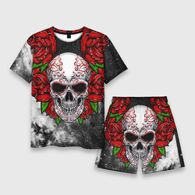 Мужской костюм с шортами 3D с принтом Skull and Roses в Санкт-Петербурге,  |  | flowers | muertos | roses | skull | space | tribal | звезды | космос | лепестки | муэртос | розы | трайбл | цветы | череп