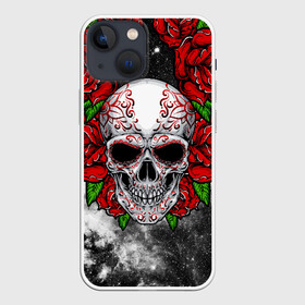 Чехол для iPhone 13 mini с принтом Skull and Roses в Санкт-Петербурге,  |  | flowers | muertos | roses | skull | space | tribal | звезды | космос | лепестки | муэртос | розы | трайбл | цветы | череп