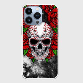 Чехол для iPhone 13 Pro с принтом Skull and Roses в Санкт-Петербурге,  |  | flowers | muertos | roses | skull | space | tribal | звезды | космос | лепестки | муэртос | розы | трайбл | цветы | череп