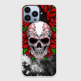 Чехол для iPhone 13 Pro Max с принтом Skull and Roses в Санкт-Петербурге,  |  | flowers | muertos | roses | skull | space | tribal | звезды | космос | лепестки | муэртос | розы | трайбл | цветы | череп