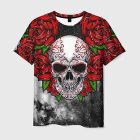 Мужская футболка 3D с принтом Skull and Roses в Санкт-Петербурге, 100% полиэфир | прямой крой, круглый вырез горловины, длина до линии бедер | Тематика изображения на принте: flowers | muertos | roses | skull | space | tribal | звезды | космос | лепестки | муэртос | розы | трайбл | цветы | череп
