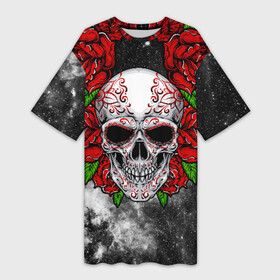 Платье-футболка 3D с принтом Skull and Roses в Санкт-Петербурге,  |  | flowers | muertos | roses | skull | space | tribal | звезды | космос | лепестки | муэртос | розы | трайбл | цветы | череп