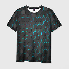 Мужская футболка 3D с принтом Turquoise Octagon в Санкт-Петербурге, 100% полиэфир | прямой крой, круглый вырез горловины, длина до линии бедер | octagon | бирюзовые соты | бирюзовый | неон | неоновые соты | октагон | соты