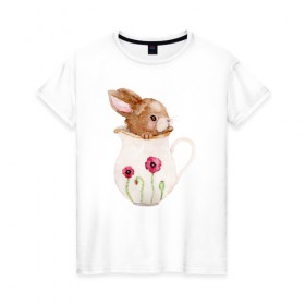 Женская футболка хлопок с принтом Зайчик в вазочке в Санкт-Петербурге, 100% хлопок | прямой крой, круглый вырез горловины, длина до линии бедер, слегка спущенное плечо | ваза | заяц | кролик | розовая | цветы