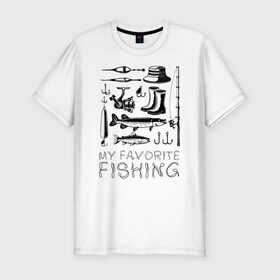Мужская футболка премиум с принтом Моя любимая рыбалка в Санкт-Петербурге, 92% хлопок, 8% лайкра | приталенный силуэт, круглый вырез ворота, длина до линии бедра, короткий рукав | cap | coil | fishing | fishing line | float | hook | pike | spinning | spoon | trout | wellingtons | блесна | катушка | крючок | леска | поплавок | рыбалка | сапоги | спиннинг | форель | шляпа | щука
