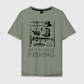 Мужская футболка хлопок Oversize с принтом Моя любимая рыбалка в Санкт-Петербурге, 100% хлопок | свободный крой, круглый ворот, “спинка” длиннее передней части | Тематика изображения на принте: cap | coil | fishing | fishing line | float | hook | pike | spinning | spoon | trout | wellingtons | блесна | катушка | крючок | леска | поплавок | рыбалка | сапоги | спиннинг | форель | шляпа | щука