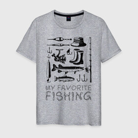 Мужская футболка хлопок с принтом Моя любимая рыбалка в Санкт-Петербурге, 100% хлопок | прямой крой, круглый вырез горловины, длина до линии бедер, слегка спущенное плечо. | cap | coil | fishing | fishing line | float | hook | pike | spinning | spoon | trout | wellingtons | блесна | катушка | крючок | леска | поплавок | рыбалка | сапоги | спиннинг | форель | шляпа | щука