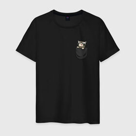 Мужская футболка хлопок с принтом Енот в кармане в Санкт-Петербурге, 100% хлопок | прямой крой, круглый вырез горловины, длина до линии бедер, слегка спущенное плечо. | Тематика изображения на принте: raccoon | енот | карман