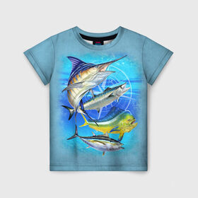Детская футболка 3D с принтом Marlin and other fish в Санкт-Петербурге, 100% гипоаллергенный полиэфир | прямой крой, круглый вырез горловины, длина до линии бедер, чуть спущенное плечо, ткань немного тянется | рыба | рыбак | рыбалка | снасти | увлечение | улов | хобби