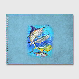 Альбом для рисования с принтом Marlin and other fish в Санкт-Петербурге, 100% бумага
 | матовая бумага, плотность 200 мг. | Тематика изображения на принте: рыба | рыбак | рыбалка | снасти | увлечение | улов | хобби