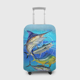 Чехол для чемодана 3D с принтом Marlin and other fish в Санкт-Петербурге, 86% полиэфир, 14% спандекс | двустороннее нанесение принта, прорези для ручек и колес | Тематика изображения на принте: рыба | рыбак | рыбалка | снасти | увлечение | улов | хобби